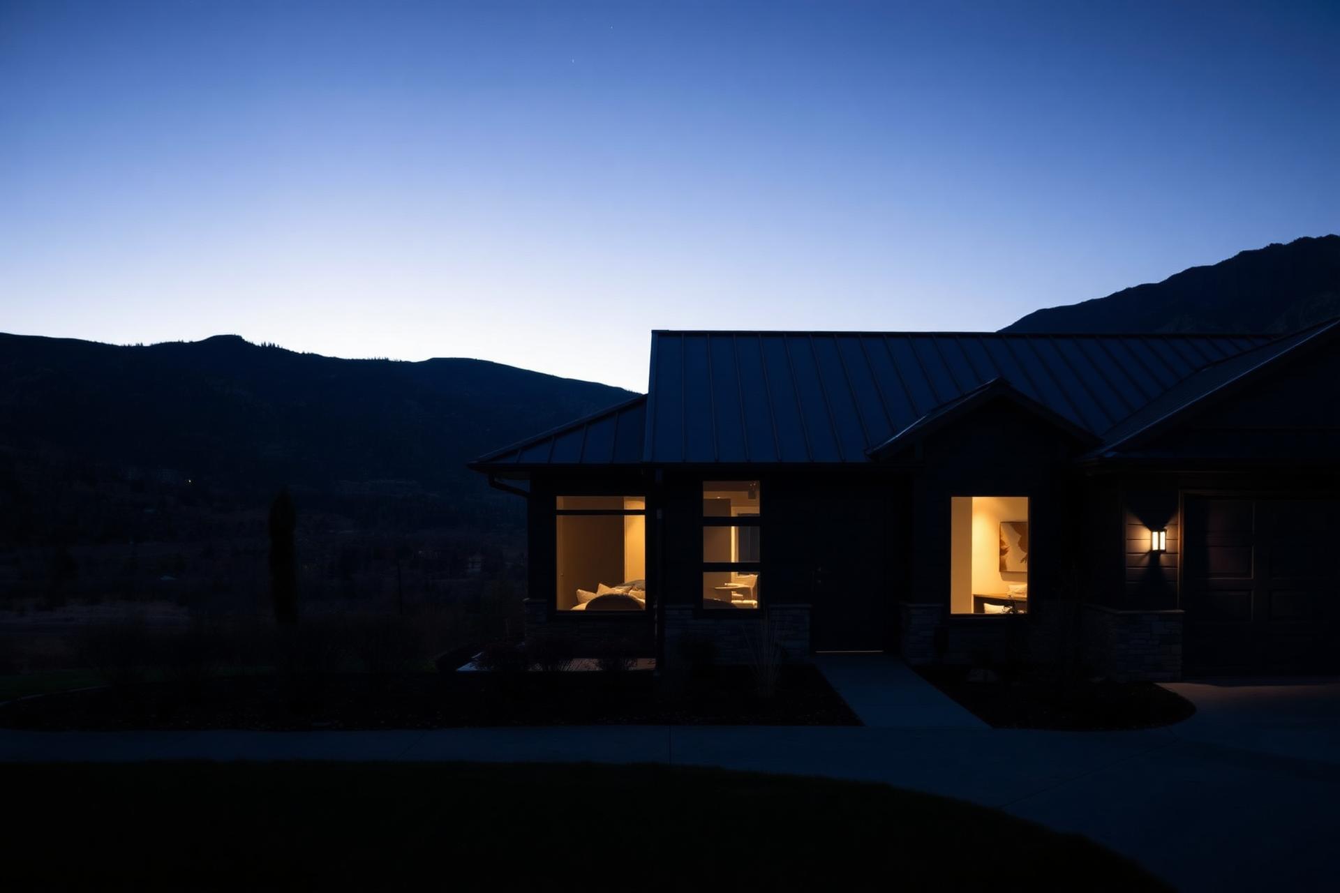 Modern Utah home with new metal roof at dusk